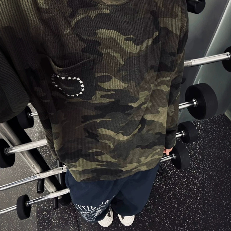 American retro camouflage waffle long-sleeve t-shirt for men, autumn trendy niche embroidered sweatshirt, inner layer base shirt
