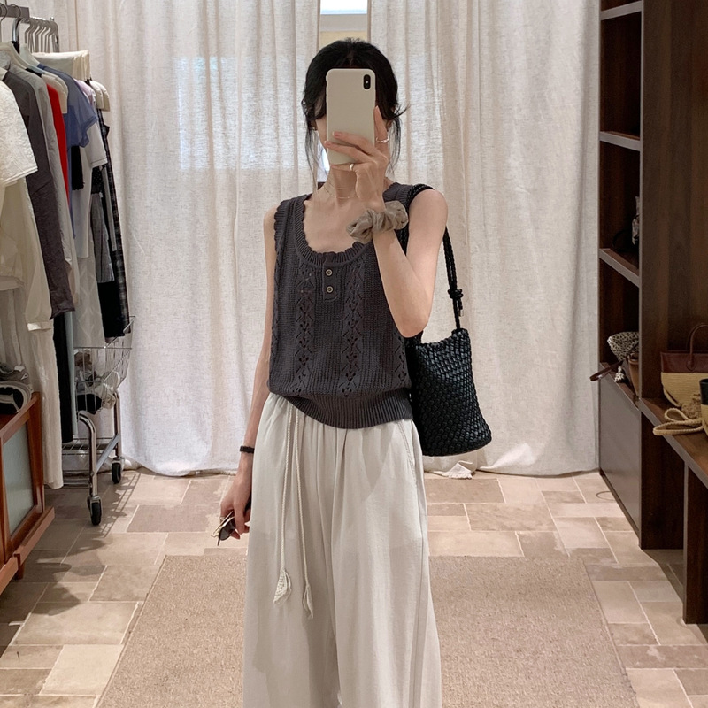 BRIVIN韩系麻色复古镂空无袖针织背心女2025夏花边慵懒透气上衣|undefined