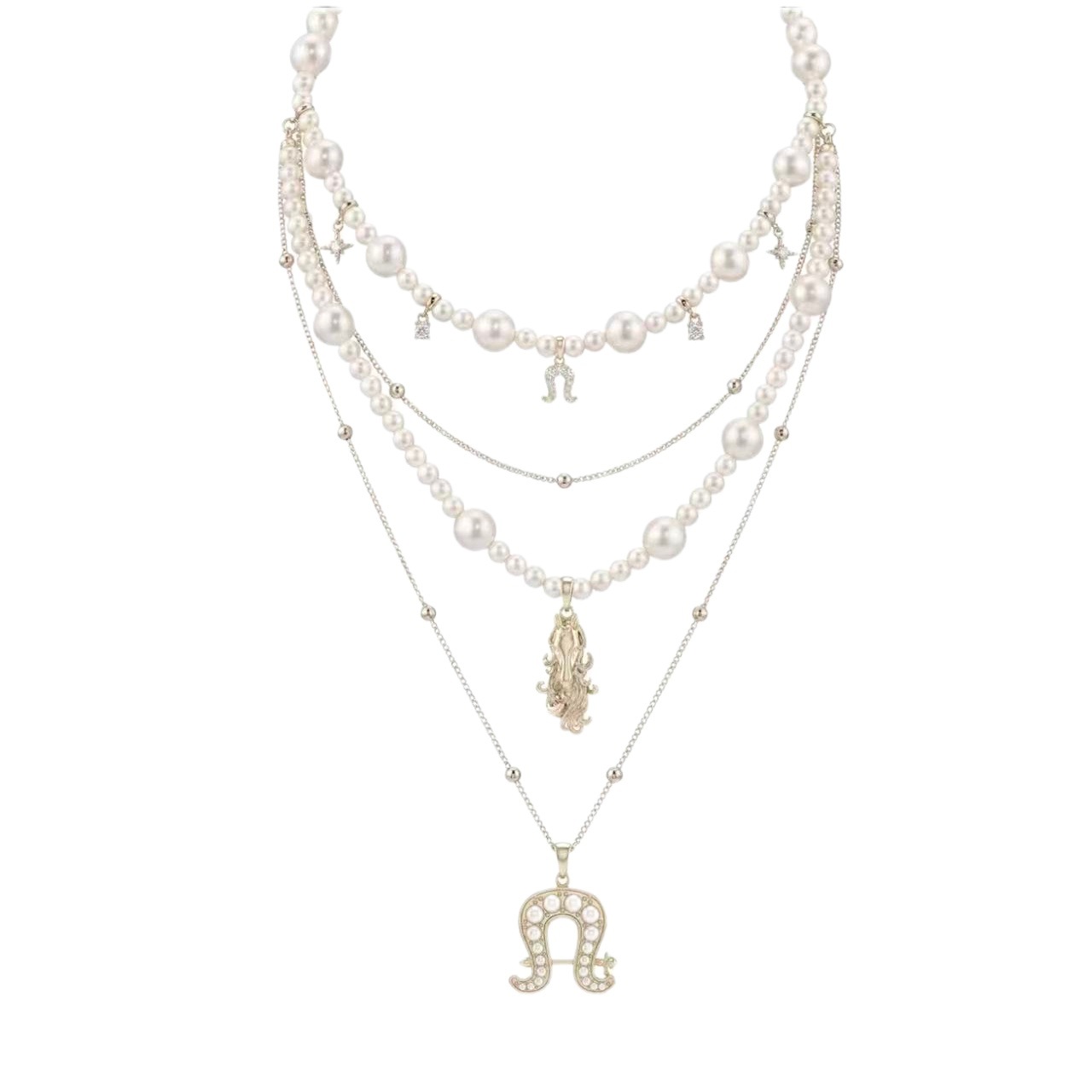Year of the Horse Series: Horse Hoof Clasp Multi-Layer Pearl and Diamond Necklace, Detachable Layered Sweater Chain for New Year
