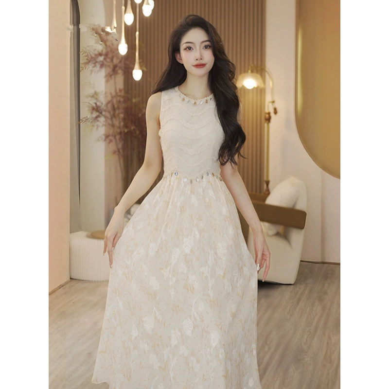 Популярное новое французское платье для отдыха на море весна-лето 2025, женское, без рукавов, с кисточками на талии