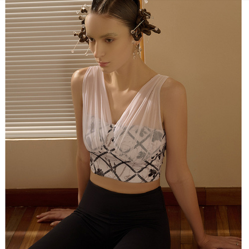 European and American cross-border mesh stitching printed tube top sports bra vest tight fitness underwear yoga wear for women with chest pads