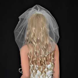 新欧美新娘头纱白色象牙色剪边网纱面纱婚礼附件梳子蓬松款式短款