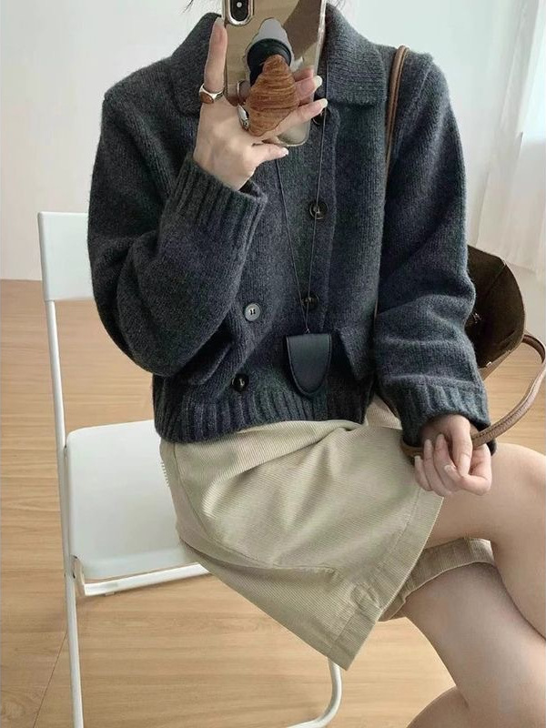 设计新款慵懒翻领长袖双排短款2025外套开衫针织毛衣秋冬上衣|undefined