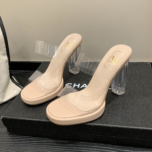 Ready Supply 2024 Summer Export Large Size Transparent Crystal High Heels for Women New Rhinestone Outer Wear Sandals for Women