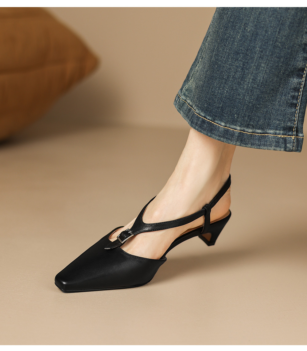 Sandal nữ quai ngang mũi kín da cừu gót thô 4 cm phong cách Hàn Quốc — đen chi tiết 20