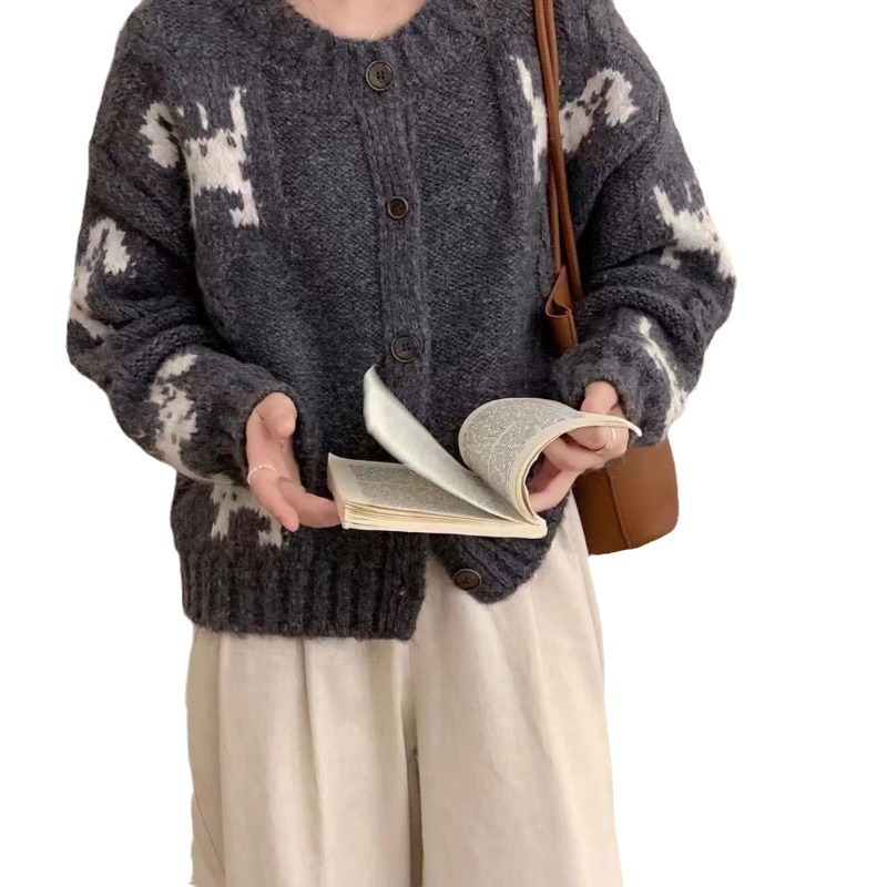 회색 강아지 스웨터 코트 여성의 가을과 겨울 두꺼운 짧은 느슨한 작은 게으른 하이 엔드 니트 카디건 이른 가을