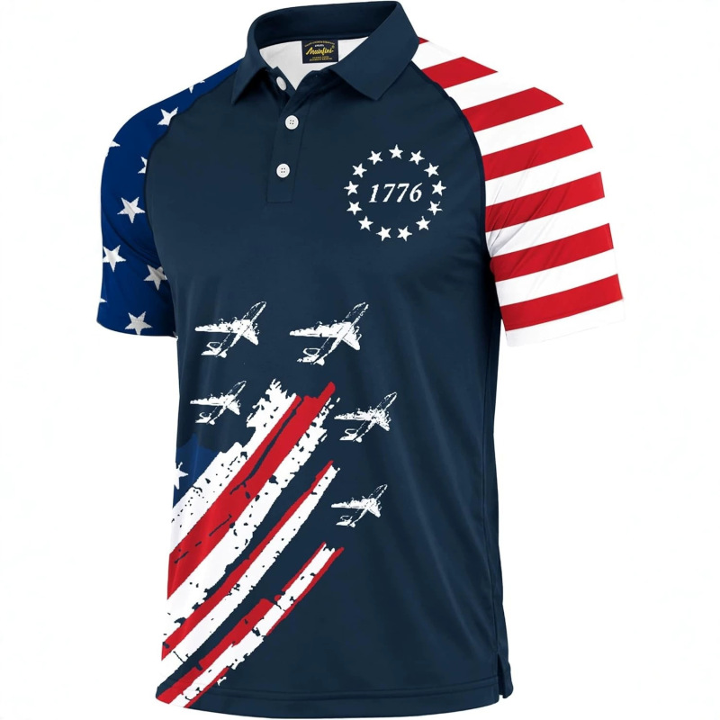Mainfini Men's July 4Th Polo Shirt Stretchy Upf 50+ Raglan American Flag Pattern High-Quality