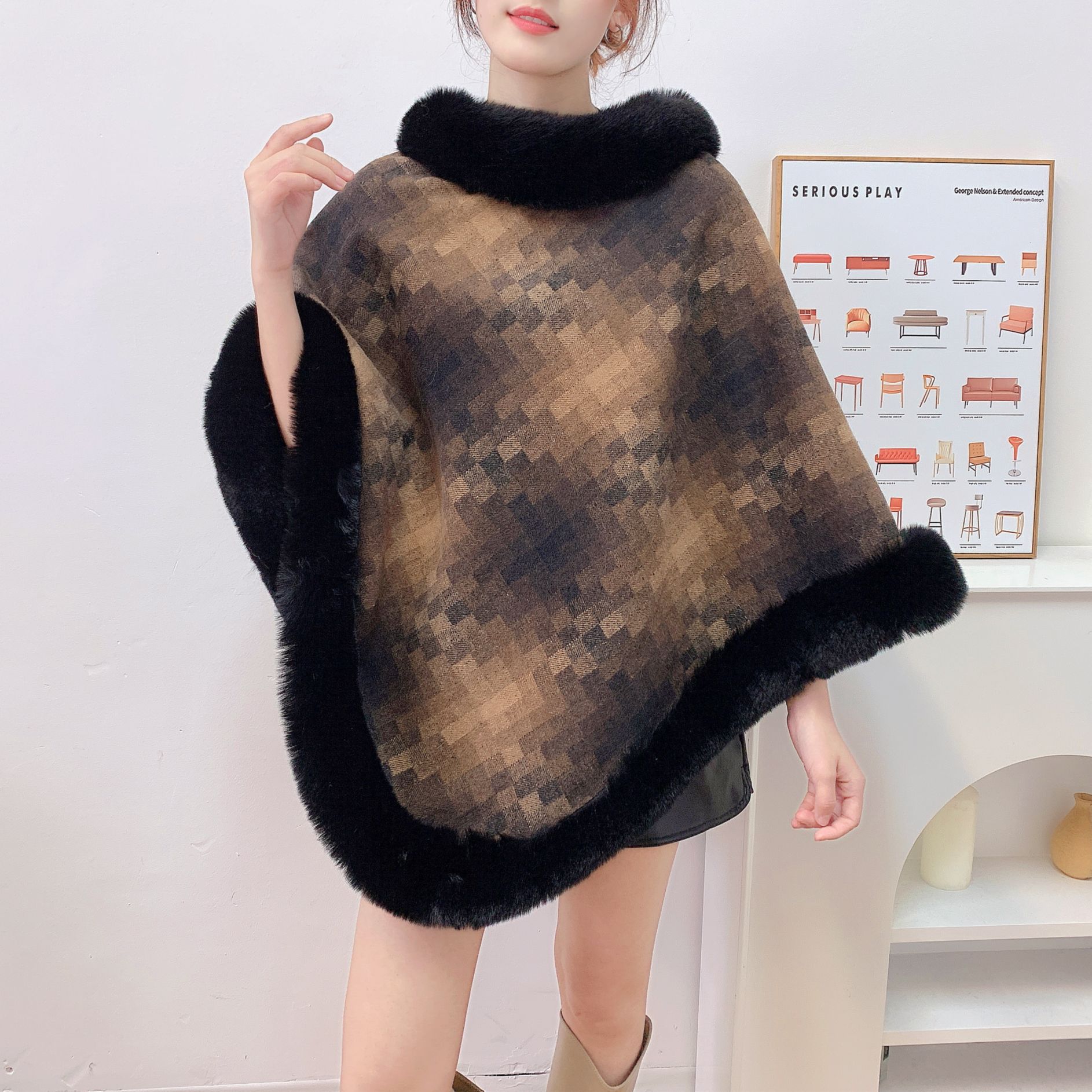 Capa tipo chal de otoño e invierno 2026, nueva bufanda de piel sintética de conejo, abrigo de punto para mujer, prenda exterior holgada y versátil. image 19
