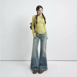 YECHUAN#复古怀旧蓝微喇牛仔裤女春秋美式低腰修身百搭辣妹拖地裤