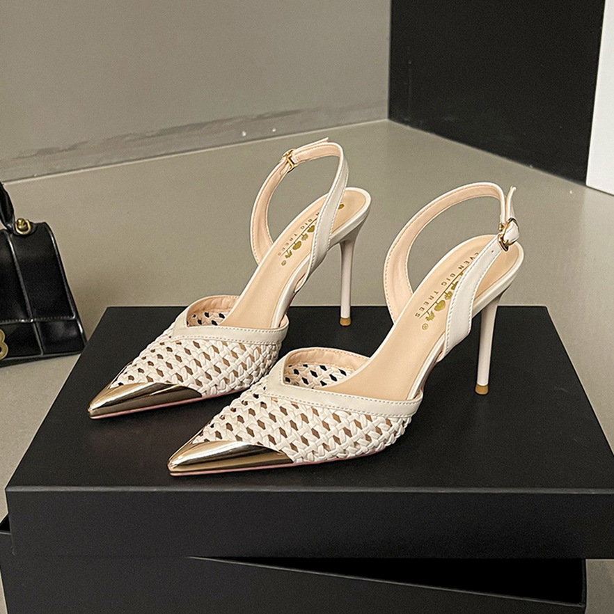 2727-2 Fashionable Hollow Weaving Fine Heel Sandals for Women with High Grade Sense, Metal Pointed Straight Strap High Heels