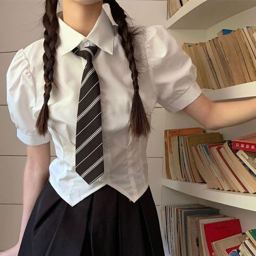 Black and White Striped No-Tie School Necktie for JK Students, College Style Shirt, School-Provided Tie Accessory with Bow Tie