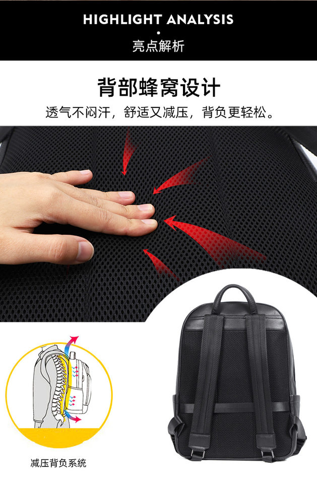 Ba lô da bò lớp đầu cho nam, kiểu dáng tối giản, đa chức năng, ngăn laptop 15 inch — Màu đen chi tiết 6