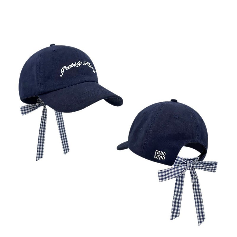 韓国版インボウノットチェック柄ストラップ野球帽女性用春と夏のレトロな多用途文字刺繍ひさしキャップ|undefined