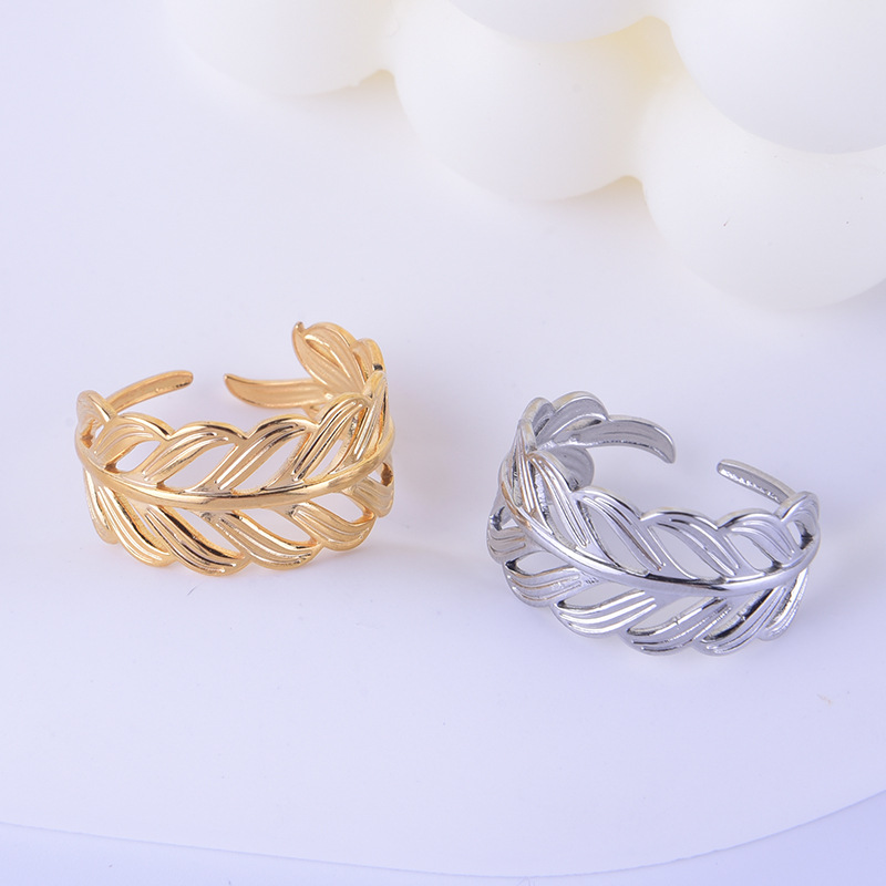 6g Weight Fashion Leaf Stainless Steel Hollow Out Open Ring