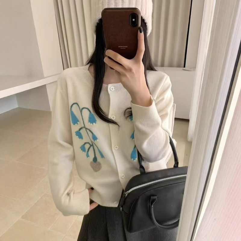 韩版慵懒风树叶提花毛衣开衫女2025早秋季新款百搭宽松针织衫上衣|undefined