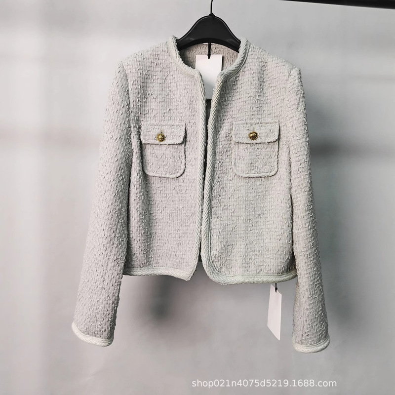 Ce Fashion Light Grass Green Round Neck Socialite Metal Buckle Woolen Coat Slim Fit Commuter Style Small Fragrance Style Women's 2024 New Model