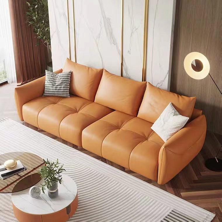 Italiano minimalista sofá de cuero sala de estar pequeño apartamento combinación moderna minimalista Luz de lujo crema estilo fila recta de tres plazas