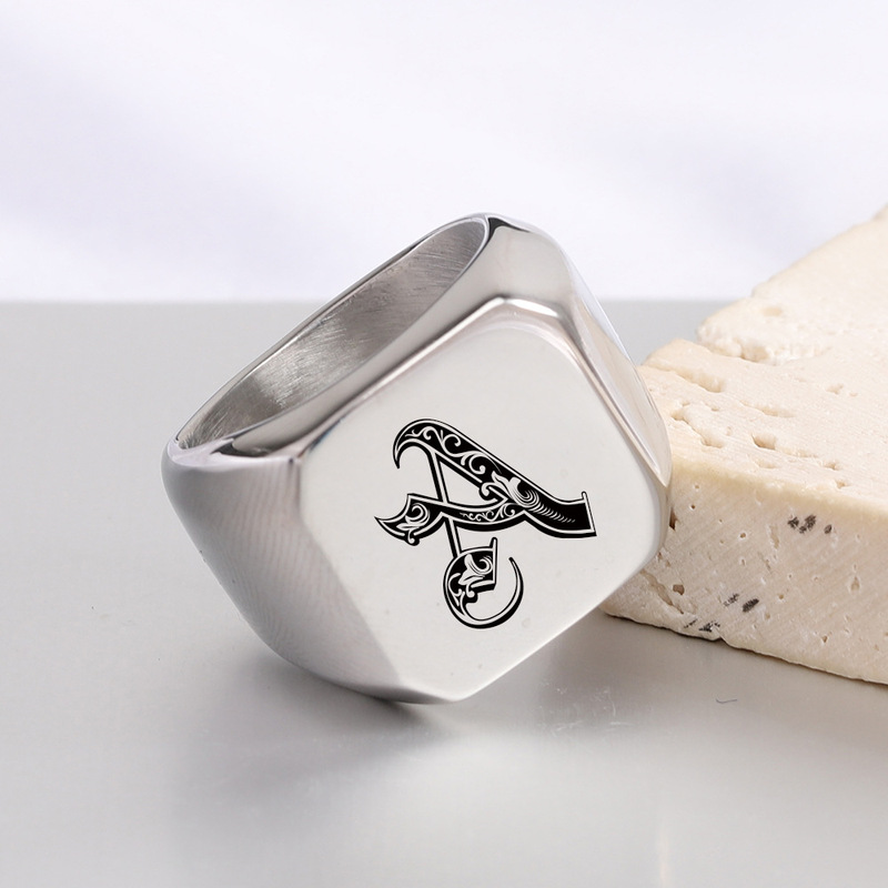European and American Cross-Border Hot-Selling Square Smooth Surface 18mm Laser-Engraved 26 English Letters Stainless Steel Ring Simple Wholesale European and American Cross-Border Hot-Selling Square Smooth Surface 18mm Laser-Engraved 26 English Letters Stainless Steel Ring Simple Wholesale