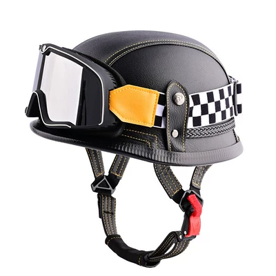 3C German-Style Soldier Helmet Retro Cruiser Motosiklet kaskı (dəbilqə) - black-and-yellow-line-large-frame-checkerboard-goggles-m