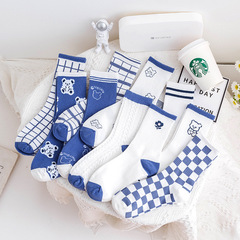 Women's Socks Ins Trend Korean Mid-Calf Autumn/Winter Blue Japanese Style Student Sports Women Socks Four Seasons Style Long Calf Checkered Socks