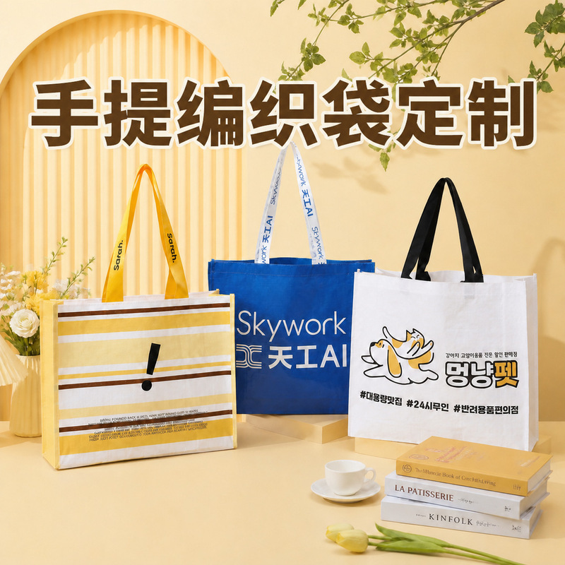 Customized laminated woven tote bags for advertising, waterproof storage bags, eco-friendly shopping bags with logo printing