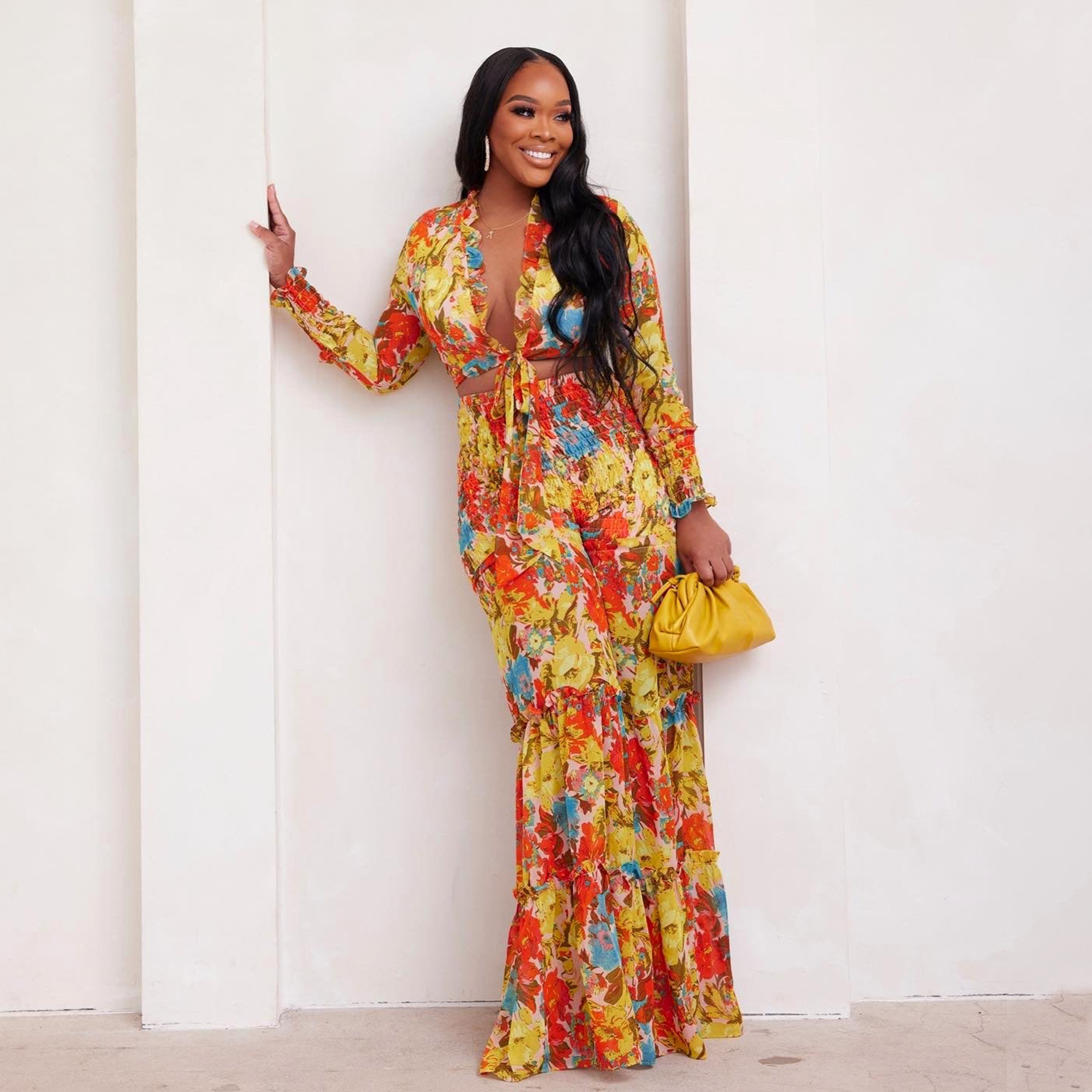 Women's Clothing fashion contrast color printed chiffon long sleeved lace up flared pants two piece suit _voghion.com