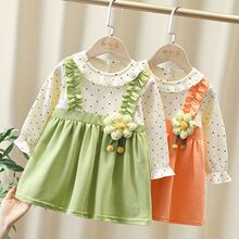 女童秋装假两件连衣裙2024新款中小童波点拼接中长裙韩版可爱童裙