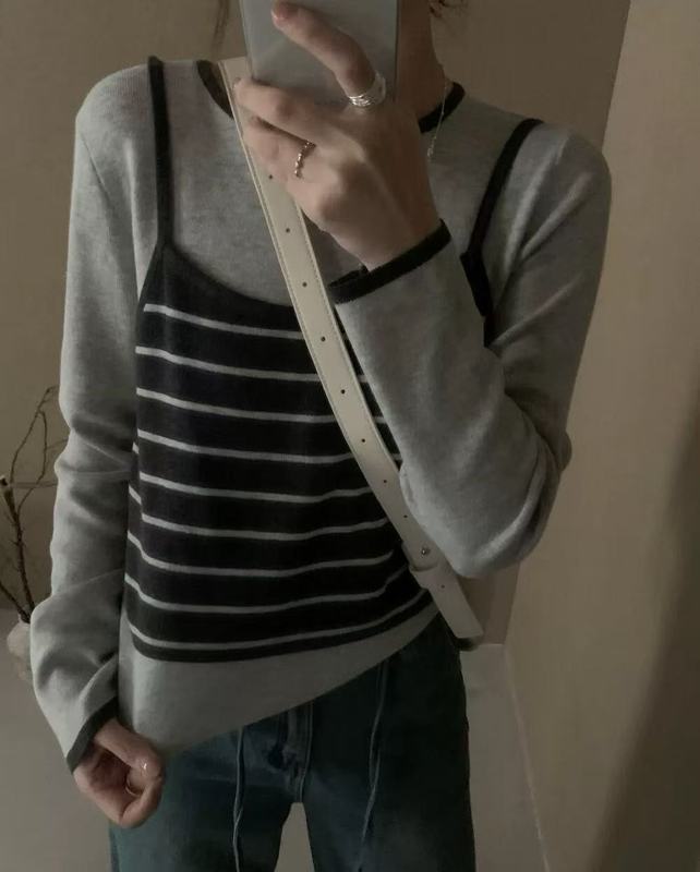 2025早秋新款撞色条纹吊带背心+内搭针织打底衫时尚洋气两件套女|undefined