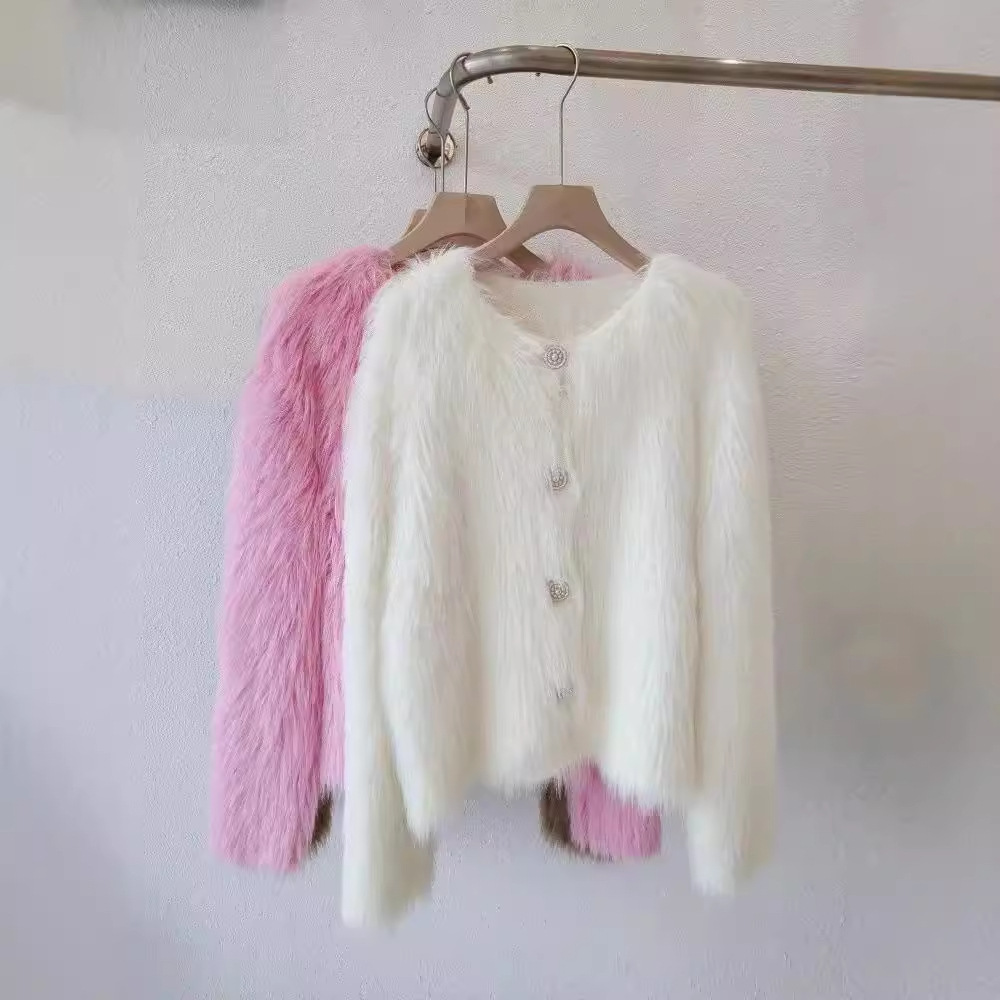 2025秋冬新款加厚仿水貂绒针织开衫毛衣外套女短款爆款韩系软糯