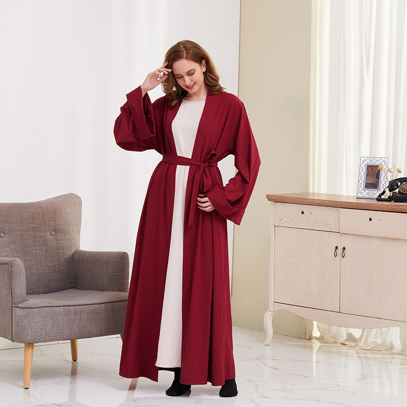 Muslim Cardigan Robe For Women Solid Colour Tie-up Dubai Style_voghion.com