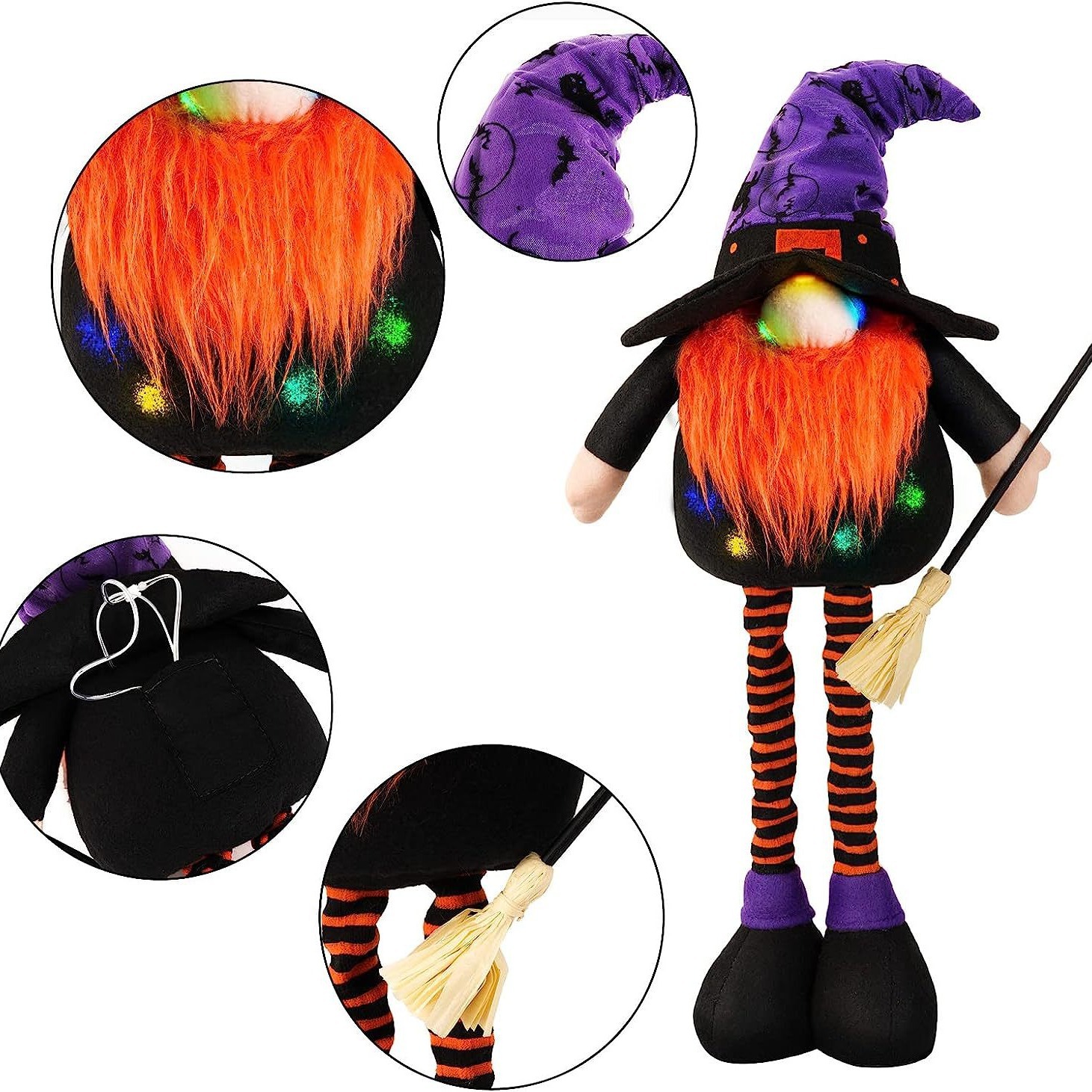 Decoración de Halloween suministros bebé retráctil sin rostro ancianos luminoso muñeca sin rostro escoba alta sombrero bruja adornos