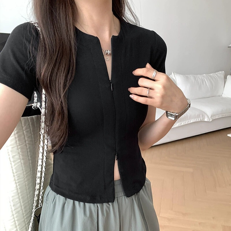 美式辣妹双头拉链设计感正肩短袖开衫T恤女夏季修身显瘦短款上衣|undefined