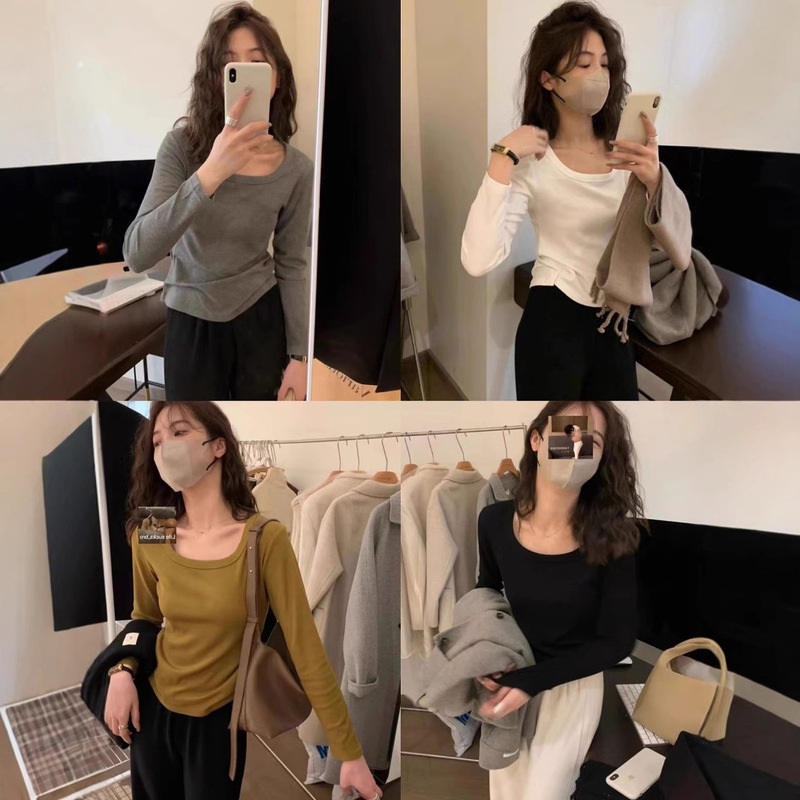 不拿后悔！十三行R*S2025秋款简约u领弹力显瘦正肩体恤打底女上衣|undefined