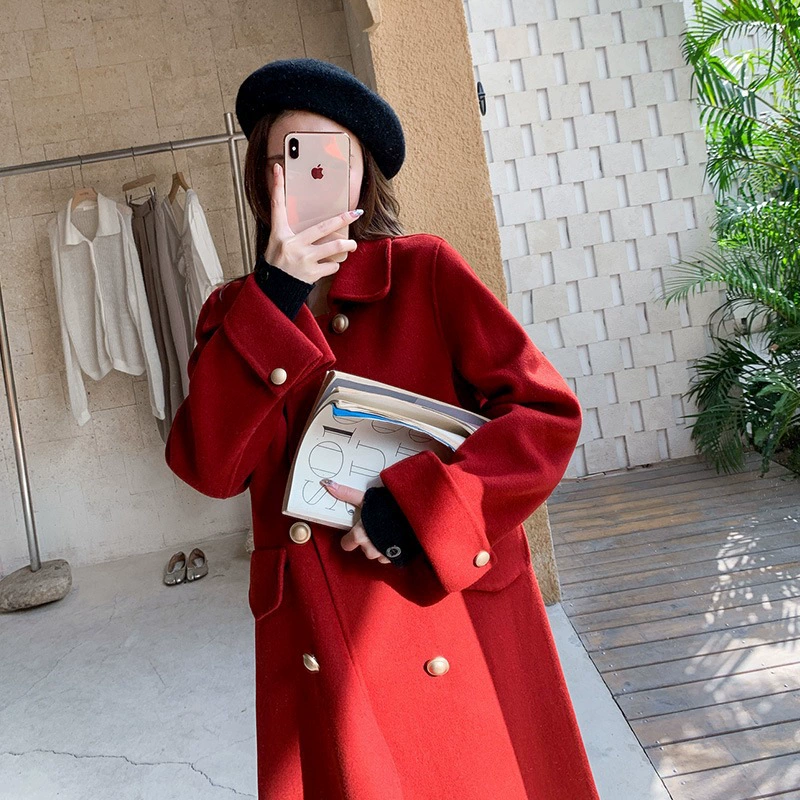 Двустороннее шерстяное пальто для женщин на осень-зиму 2025, длинное двубортное прямого кроя, элегантное, омолаживающее, красное шерстяное пальто