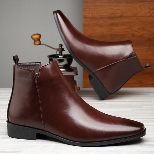Chelsea boots with high tops, leather boots for men, pointed toe, British style, wind-resistant mid-sole boots.