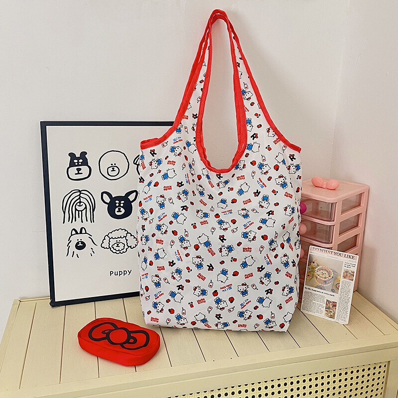 Cross-Border New Style Fabric Bag for Women, Large Capacity, Bow-Knot Kt Cat Cute Print Shoulder Bag, Tote Bag, Shopping Bag Wholesale