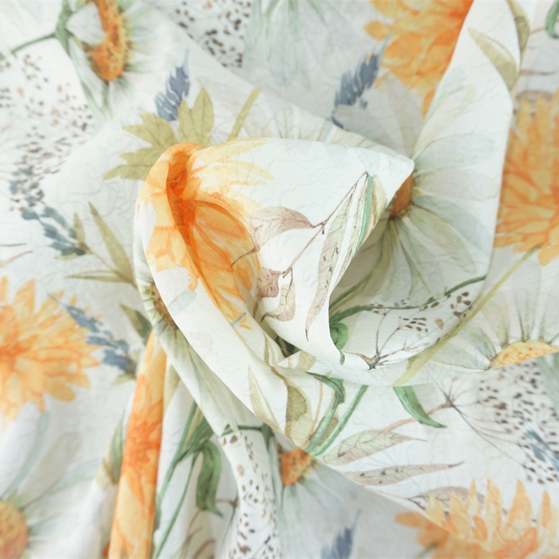 新款 向日癸太阳花纹理感底提花印花面料 女装连衣裙礼服箱包服饰