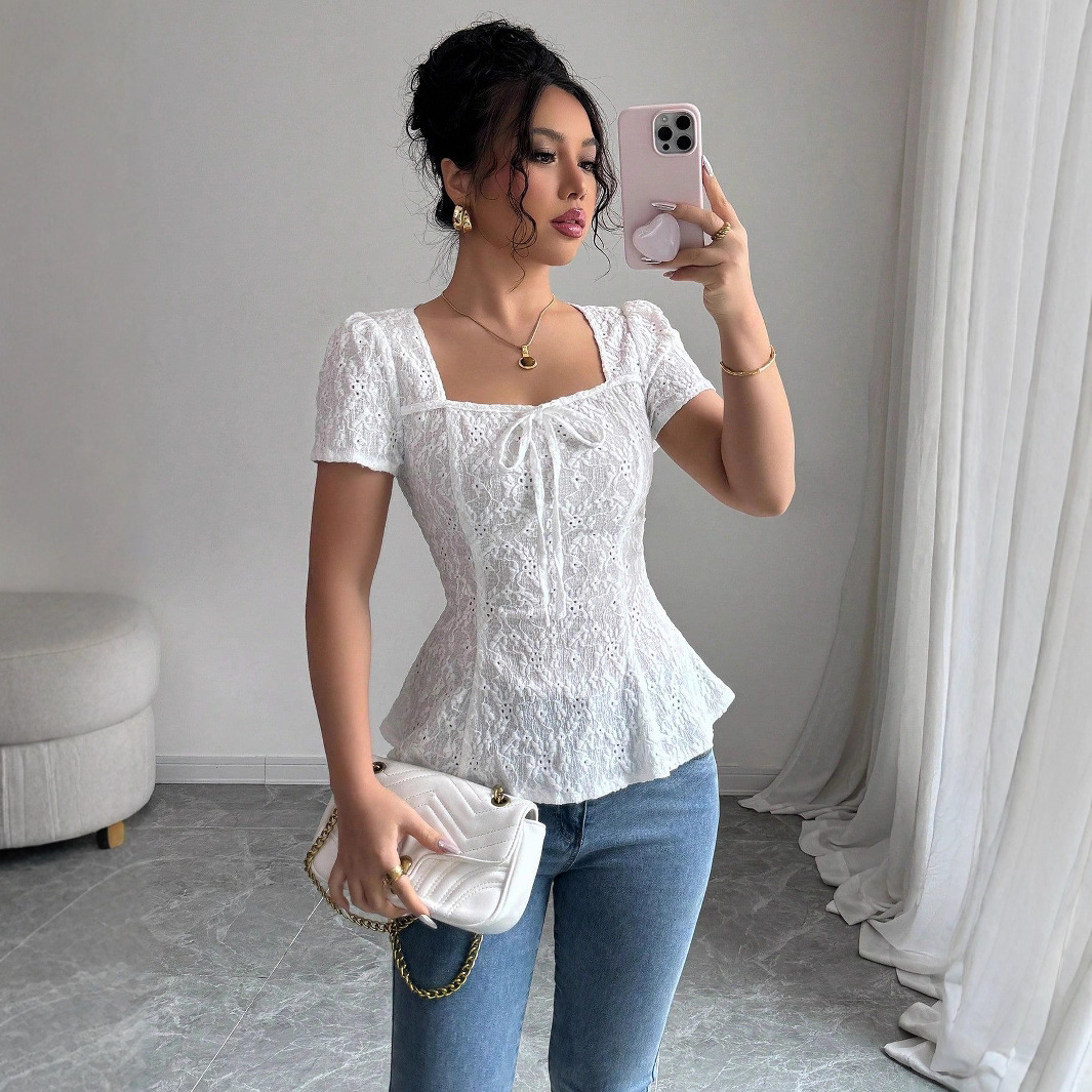 European and American Cross-Border Women's Summer Fashion Elegant Casual Lace Shirt Square Collar Bow Short-Sleeved Top