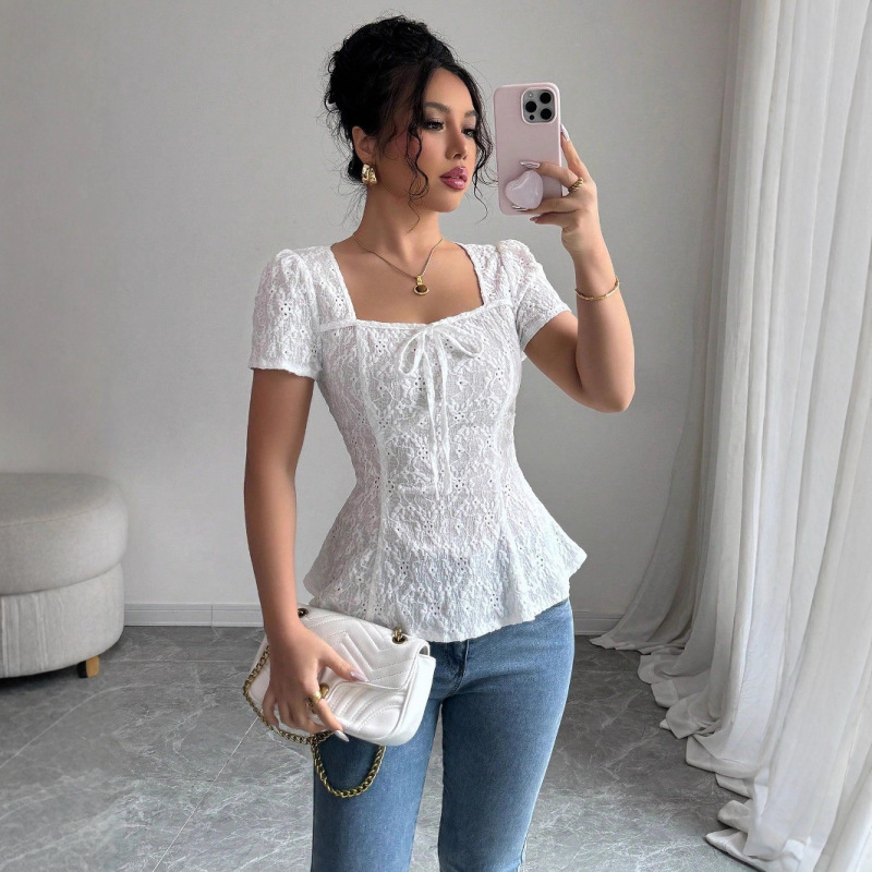 European and American Cross-Border Women's Clothing Summer Fashion Elegant Casual Lace Shirt Square Collar Bow Short-Sleeved Top