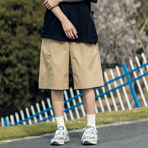 Summer Thin Drawstring Shorts Men's Teenagers Solid Color Five-Quarter Pants Loose Retro Casual Sports Straight Leg Mid-Length Pants 