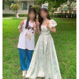 法式一字肩蓝色晚礼服高端小众宴会婚礼成人礼泡泡袖甜美公主裙