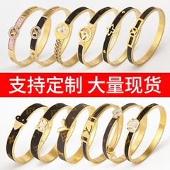 欧美跨境驴家老花皮革贴皮钛钢手镯不掉色时尚饰品手环手饰首饰