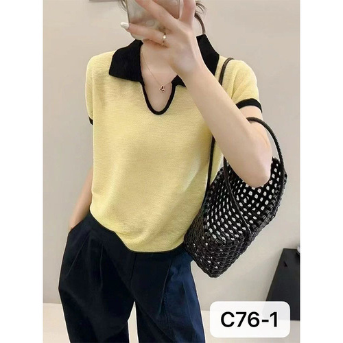 Summer knitted POLO shirt, short-sleeved T-shirt, contrasting collar, breathable ice silk, fashionable and expensive temperament, casual, comfortable and high-end feeling
