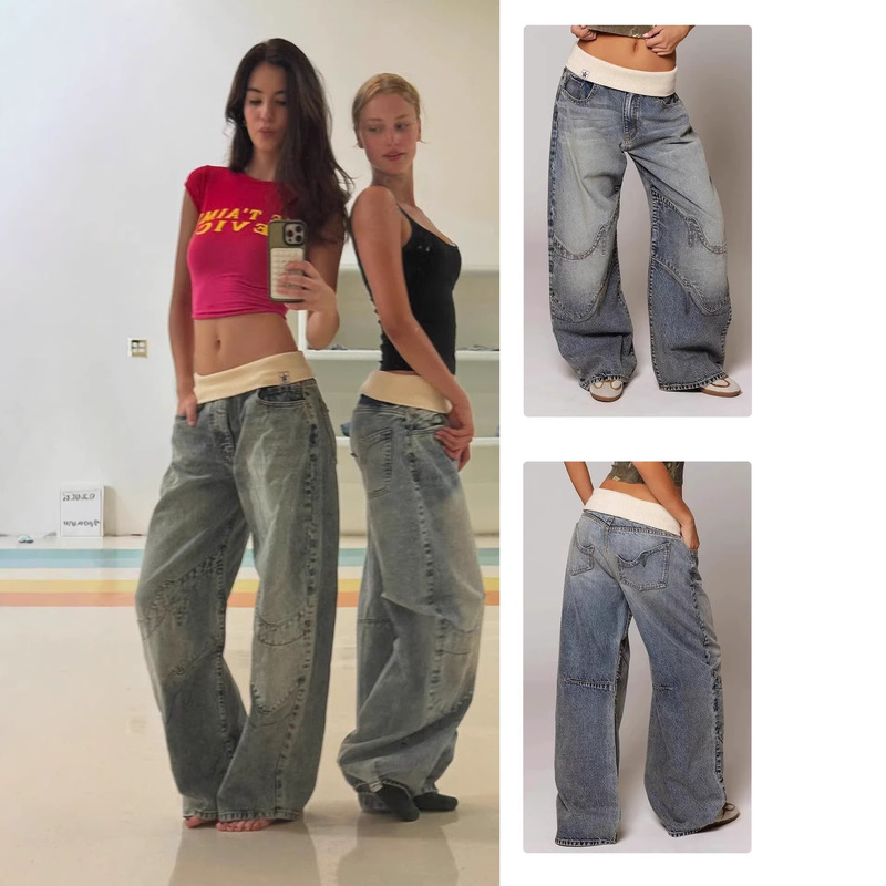 Revice Denim Ribbed Waistband Straight-Leg Jeans Vintage Distressed Washed Blue Wide-Leg Pants with Heavy Embroidery