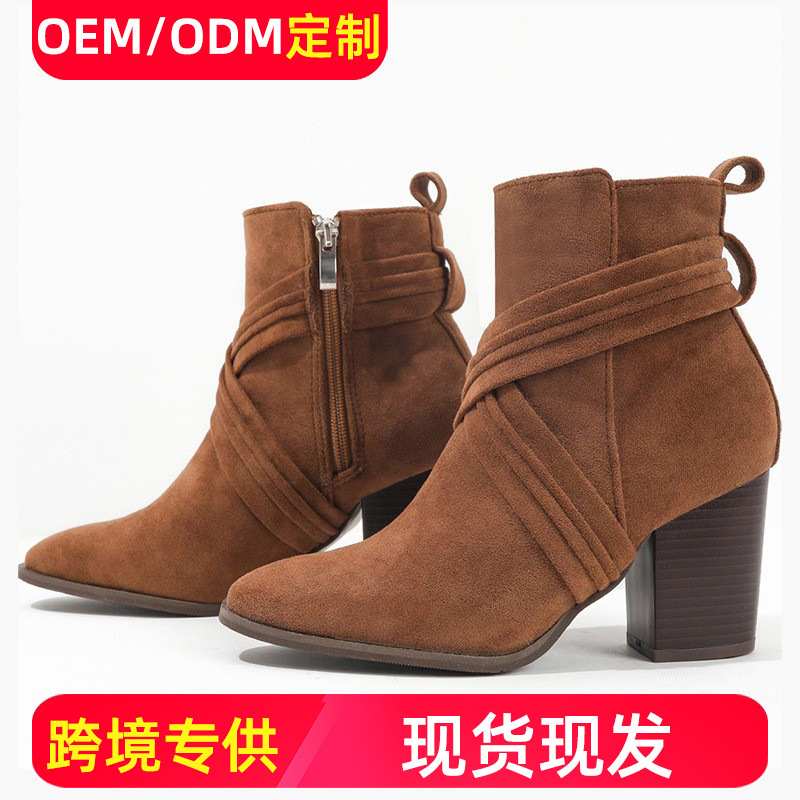 Martin Boots for Women, 2025 Autumn and Winter New Style Short Boots, High Heel, Chunky Heel, Square Toe, Suede Ankle Boots, Cross-Border Trade Shoes