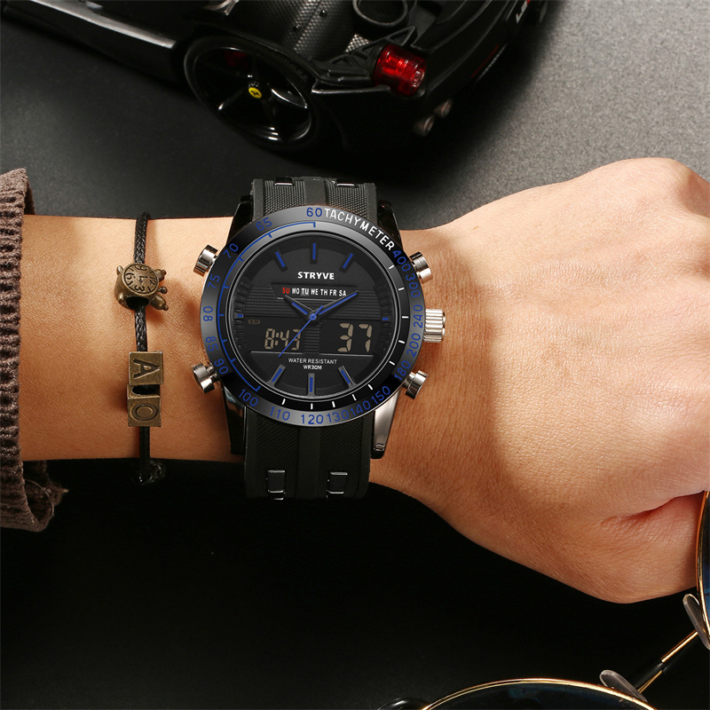 Reloj deportivo STRYVE para hombres, alarma de luz nocturna electrónica, dos relojes de pulsera creativos, una generación 8005.