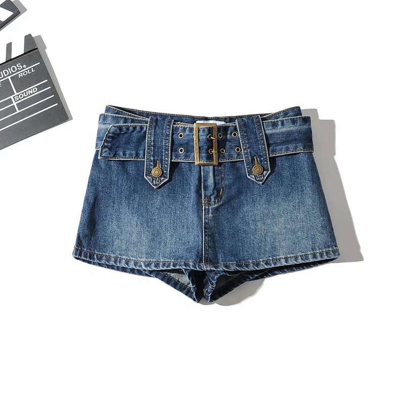 Cross Border Women's Clothing Amazon 2021 Low Waist Denim Shorts Women Summer Fashion Belt Mini Denim Miniskirt Pants