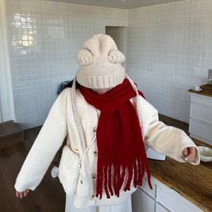 Korean Drama Ernie Red Scarf Women's Winter Korean Style Christmas Knitted 2024 New Thick Warm Scarf