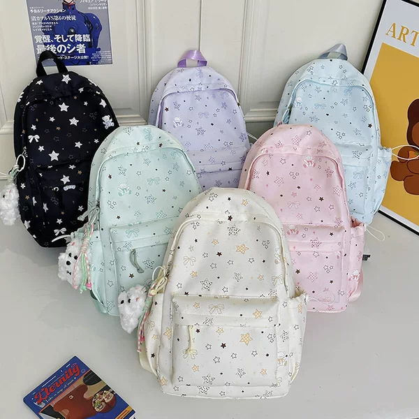 New 2026 College Style Cute Star Print Backpack Large Capacity Fresh and Sweet Backpack for Middle and High School Students