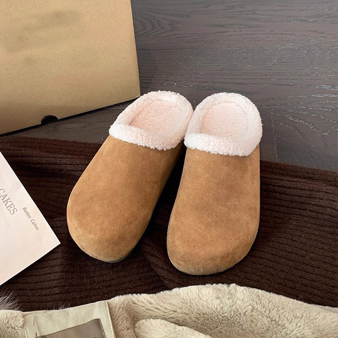 Cowhide 2025 Autumn and Winter Genuine Leather Birkenstock Shoes for Women Thick-Soled Slip-On Plus Plush Fur Shoes Trendy Snow Boots Slippers for Women